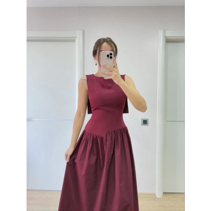 Arkası Kanatlı Uzun Elbise Bordo