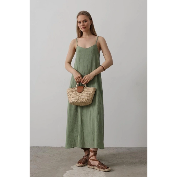 Askılı Uzun Çan Elbise  Haki