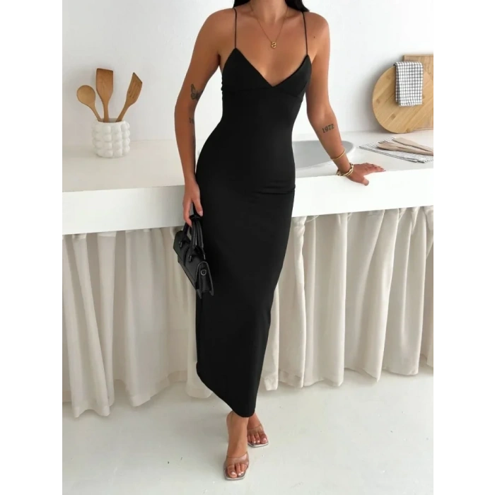 Askılı Uzun Elbise V Yaka Şık Gece Elbisesi Vücuda Oturan  iyah