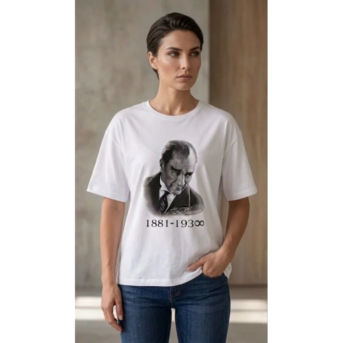 Atatürk Baskılı Tişört Kısa Kollu Bisiklet Yaka Thirt  Beyaz