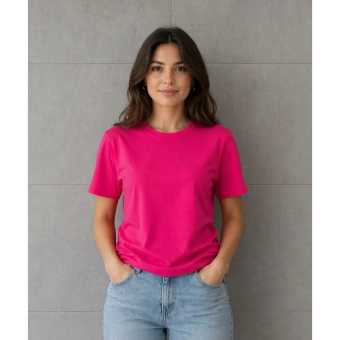 Basic Pamuklu Tişört Bisiklet Yaka Düz Renk Relaxed Fit Thirt  Fuşya