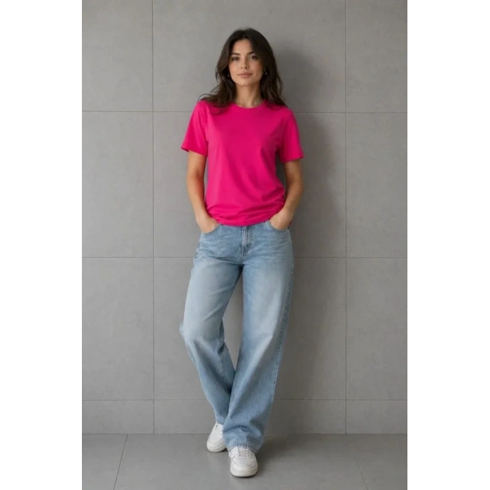 Basic Pamuklu Tişört Bisiklet Yaka Düz Renk Relaxed Fit Thirt  Fuşya