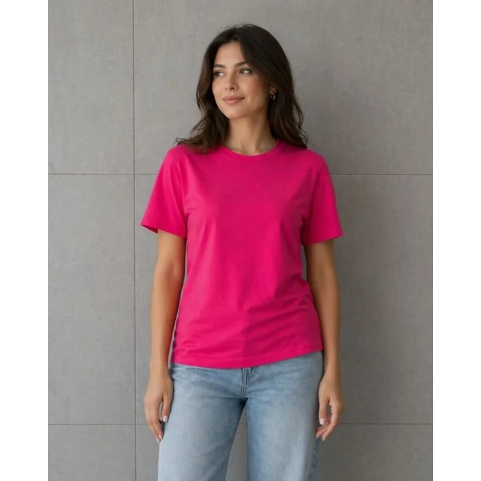 Basic Pamuklu Tişört Bisiklet Yaka Düz Renk Relaxed Fit Thirt  Fuşya