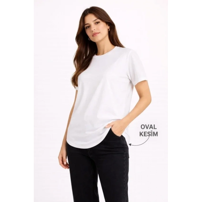 Basic Thirt Kısa Kol Bisiklet Yaka Oval Kesim Tişört  Beyaz