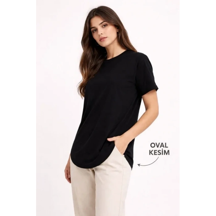 Basic Thirt Kısa Kol Bisiklet Yaka Oval Kesim Tişört  iyah