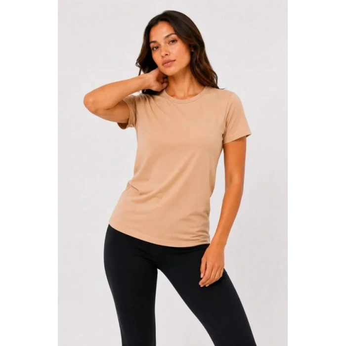 Basic Tişört Bisiklet Yaka Kısa Kol Günlük Yazlık lim Fit Thirt  Bej