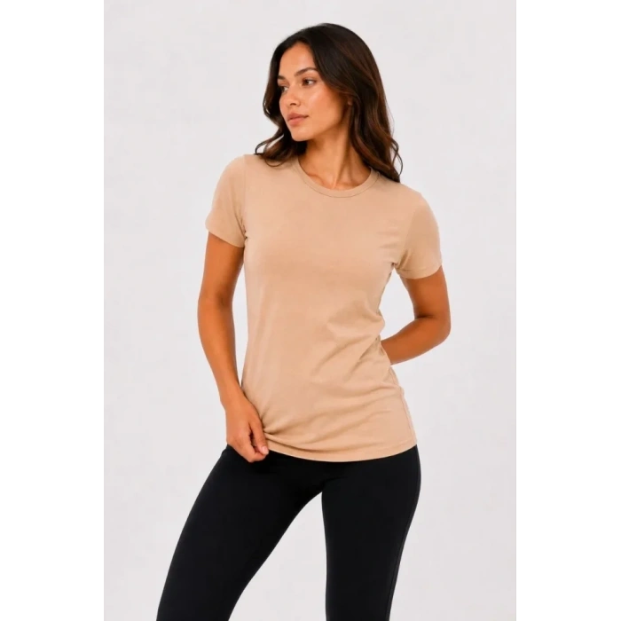 Basic Tişört Bisiklet Yaka Kısa Kol Günlük Yazlık lim Fit Thirt  Bej