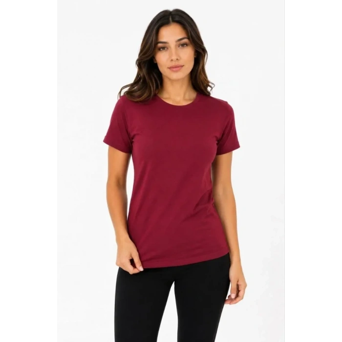 Basic Tişört Bisiklet Yaka Kısa Kol Günlük Yazlık lim Fit Thirt  Bordo