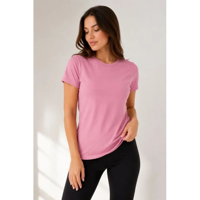 Basic Tişört Bisiklet Yaka Kısa Kol Günlük Yazlık lim Fit Thirt  Pembe