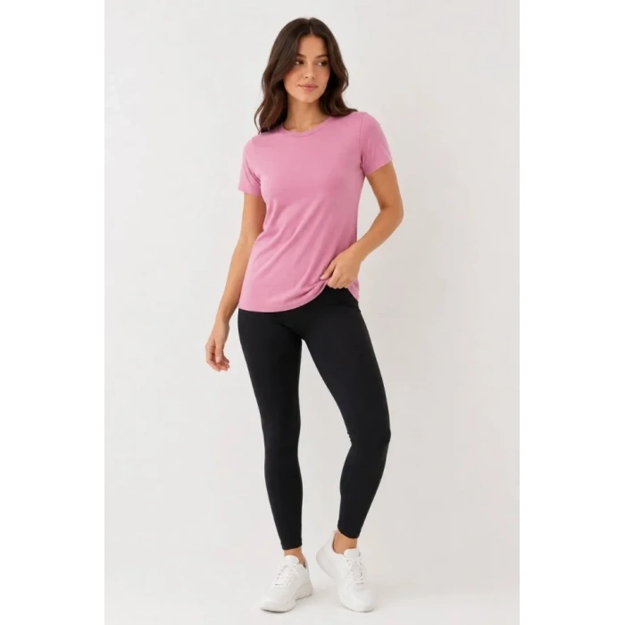 Basic Tişört Bisiklet Yaka Kısa Kol Günlük Yazlık lim Fit Thirt  Pembe