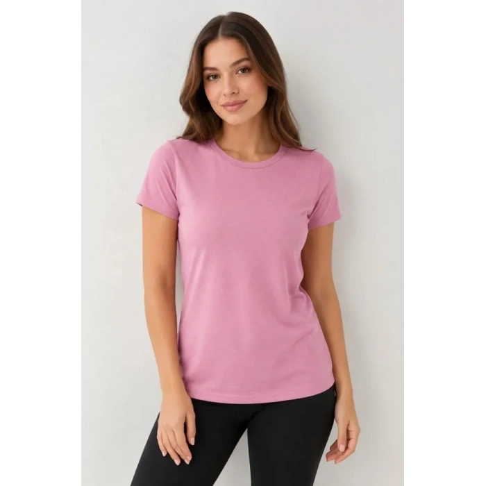 Basic Tişört Bisiklet Yaka Kısa Kol Günlük Yazlık lim Fit Thirt  Pembe
