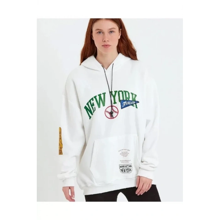 Baskılı Kapüşonlu weatshirt  Beyaz