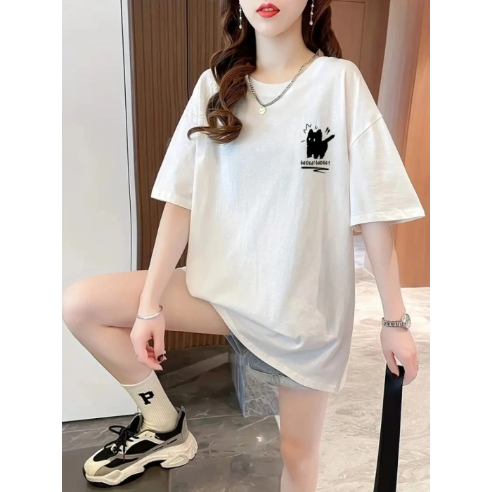 Baskılı Oversize Bisiklet Yaka Tshirt  Beyaz