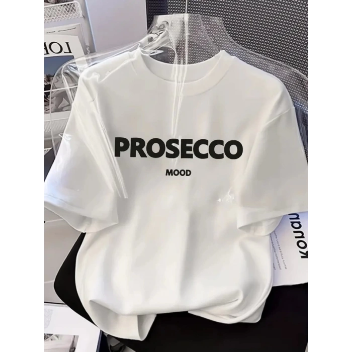 Baskılı Oversize Bisiklet Yaka Tshirt  Beyaz