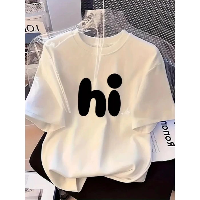 Baskılı Oversize Bisiklet Yaka Tshirt  Beyaz