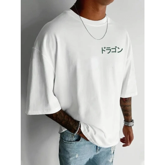 Baskılı Oversize Bisiklet Yaka Tshirt  Beyaz