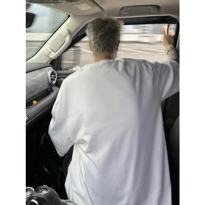 Baskılı Oversize Bisiklet Yaka Tshirt  Beyaz