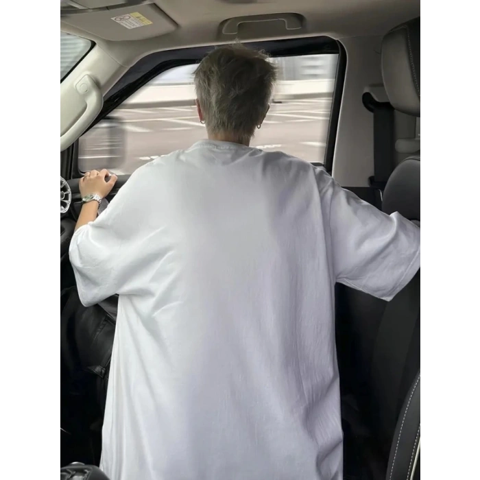 Baskılı Oversize Bisiklet Yaka Tshirt  Beyaz