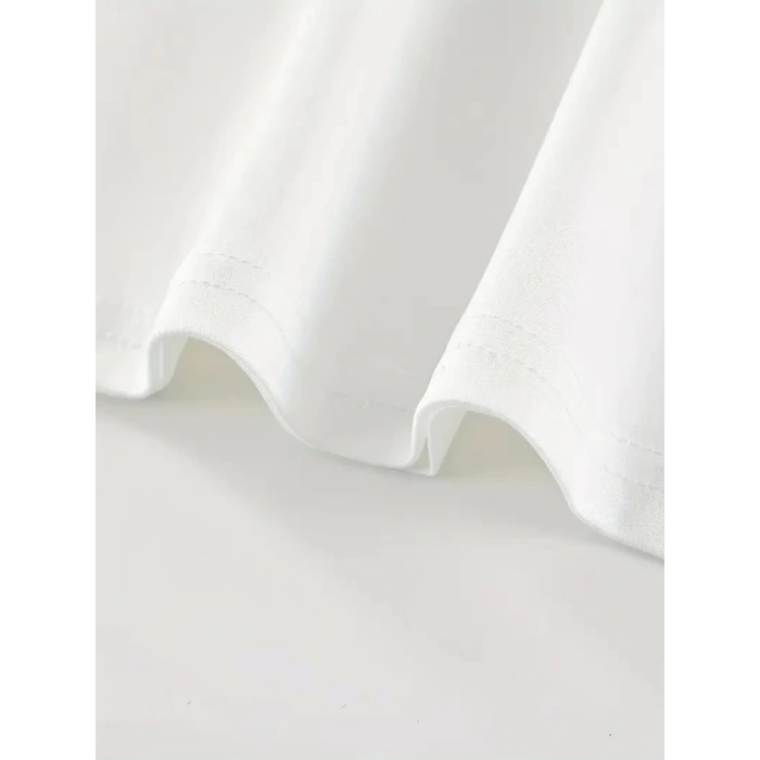 Baskılı Oversize Bisiklet Yaka Tshirt  Beyaz