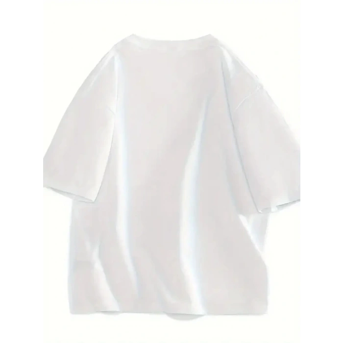 Baskılı Oversize Bisiklet Yaka Tshirt  Beyaz