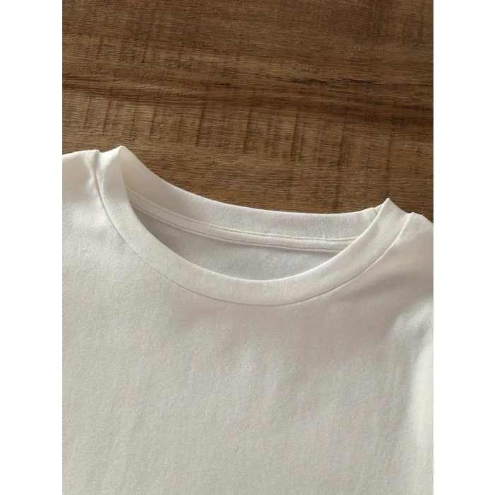 Baskılı Oversize Bisiklet Yaka Tshirt  Beyaz
