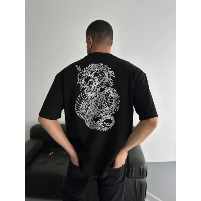 Baskılı Oversize Bisiklet Yaka Tshirt  iyah