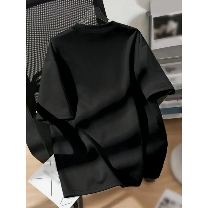 Baskılı Oversize Bisiklet Yaka Tshirt  iyah