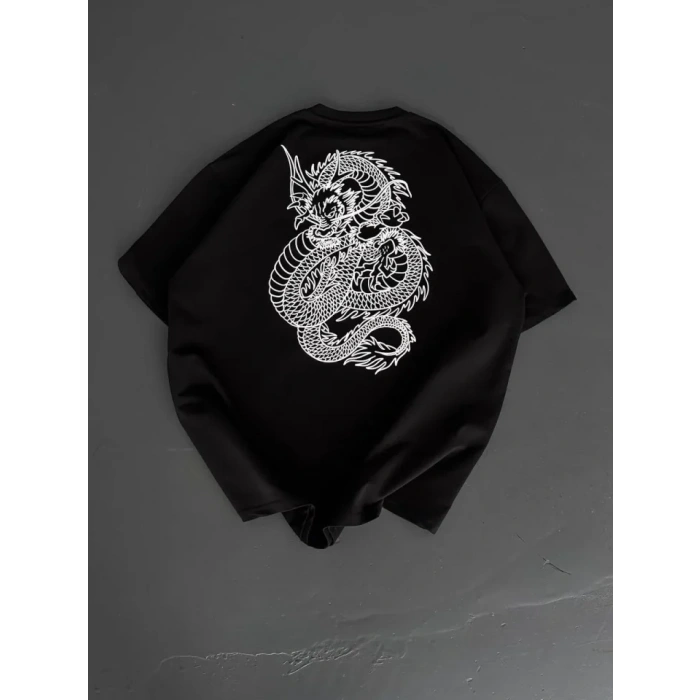 Baskılı Oversize Bisiklet Yaka Tshirt  iyah