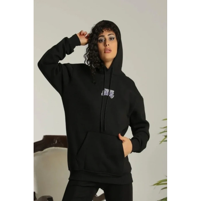 Baskılı Oversize Üç İplik Kapüşonlu weatshirt  iyah