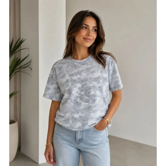 Batik Desenli Tişört Bisiklet Yaka Kısa Kol Regular Fit Tshirt  Gri