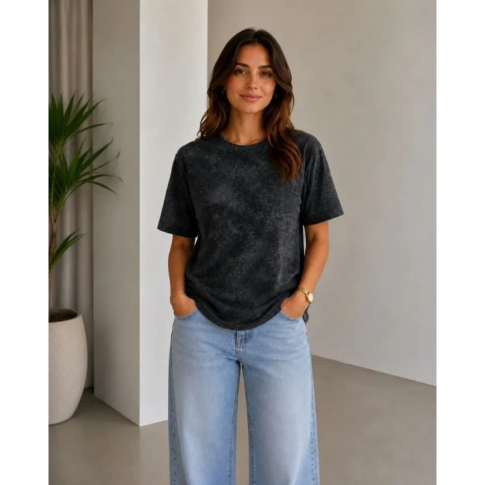 Batik Desenli Tişört Bisiklet Yaka Kısa Kol Regular Fit Tshirt  iyah