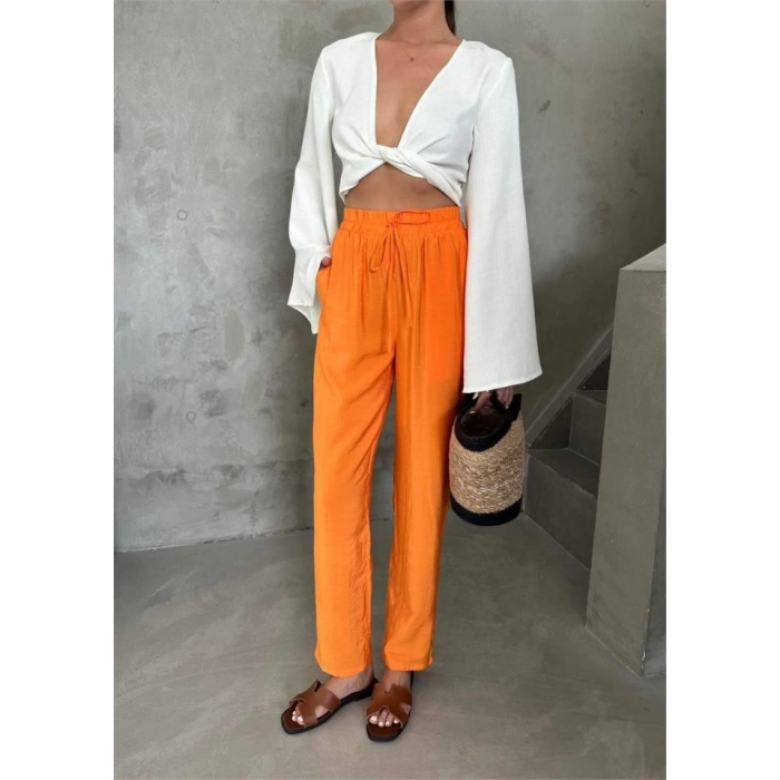 BEL LATİK DETAYLI ODAL KUAŞ PANTOLON  Orange
