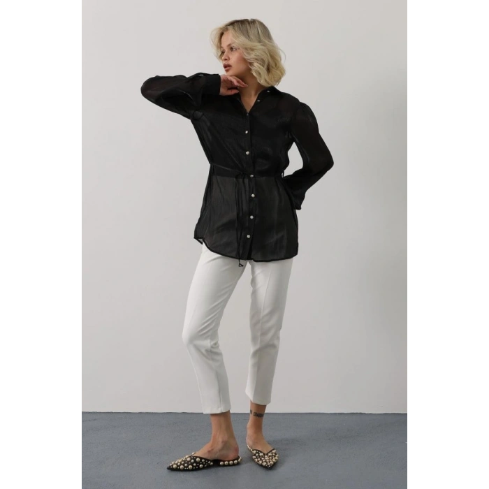 Belden Bağlamalı Uzun Kol Gömlek  iyah