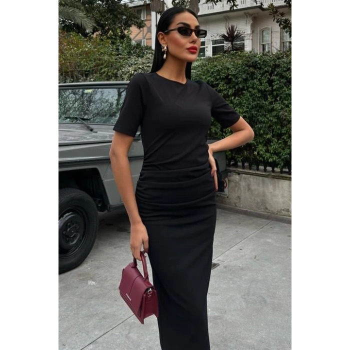 Beli Büzgülü Midi Elbise 2853