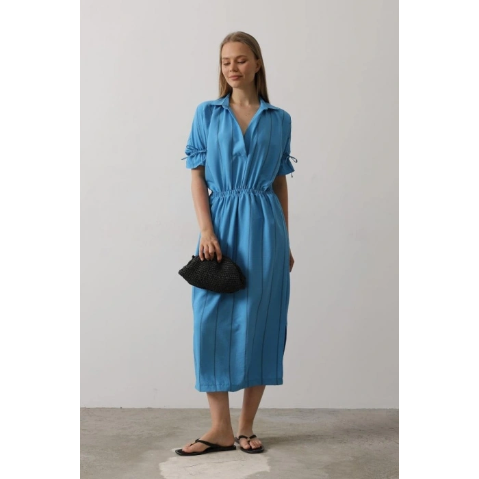 Beli Lastikli Elbise  Mavi