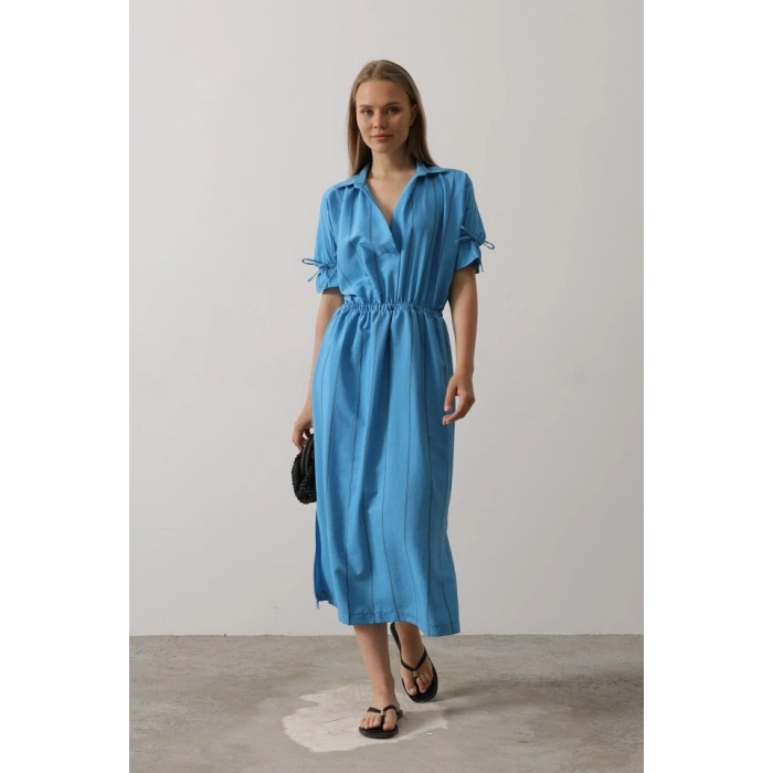 Beli Lastikli Elbise  Mavi