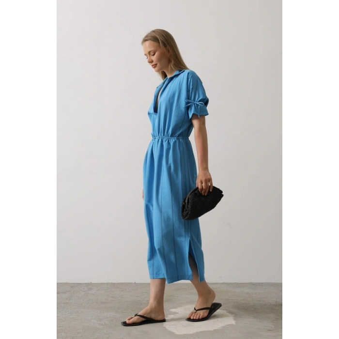 Beli Lastikli Elbise  Mavi