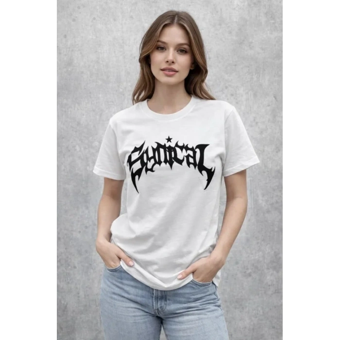 Bisiklet Yaka Ön Baskılı Kısa Kollu Tişört treetwear Günlük Basic Pamuklu Tshirt  Beyaz