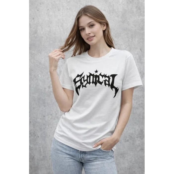 Bisiklet Yaka Ön Baskılı Kısa Kollu Tişört treetwear Günlük Basic Pamuklu Tshirt  Beyaz
