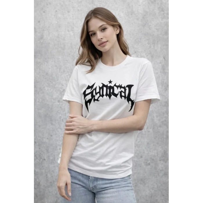 Bisiklet Yaka Ön Baskılı Kısa Kollu Tişört treetwear Günlük Basic Pamuklu Tshirt  Beyaz