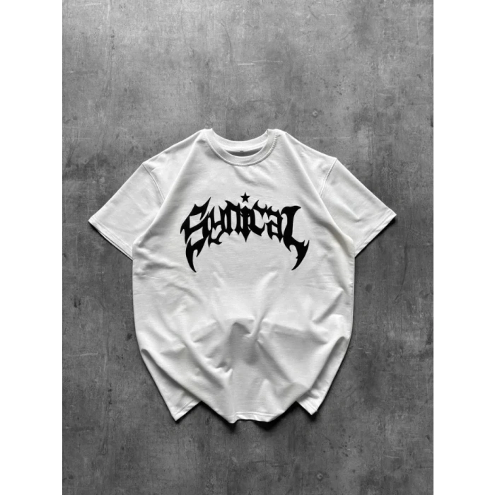 Bisiklet Yaka Ön Baskılı Kısa Kollu Tişört treetwear Günlük Basic Pamuklu Tshirt  Beyaz