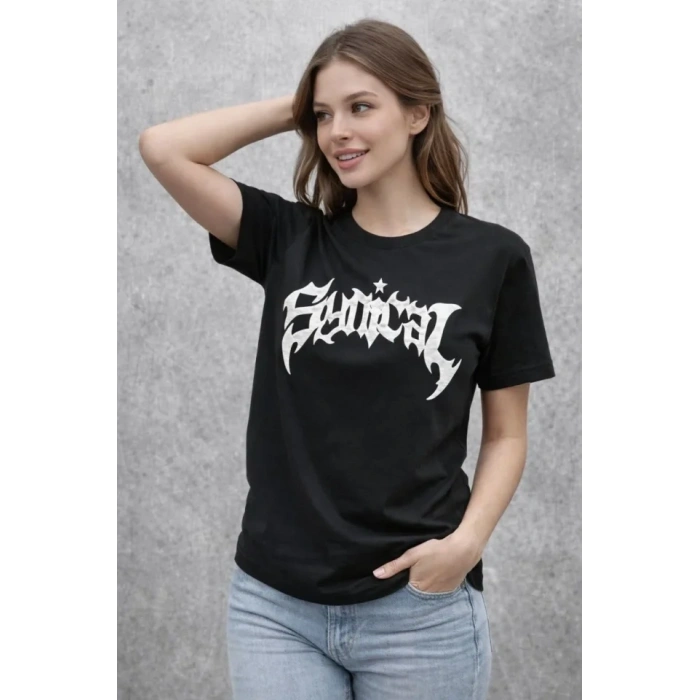 Bisiklet Yaka Ön Baskılı  Kısa Kollu Tişört treetwear Günlük Basic Pamuklu Tshirt  iyah