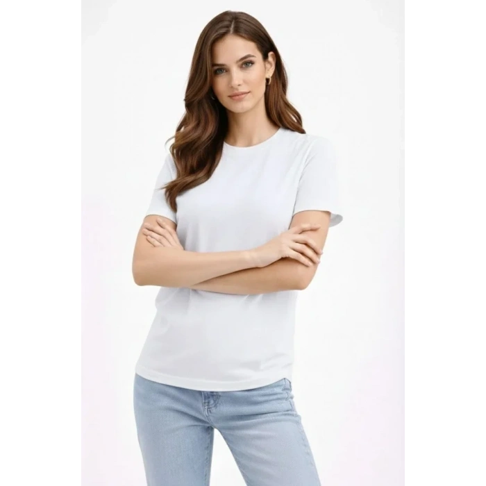 Bisiklet Yaka Tişört Regular Kalıp Basic Pamuklu Günlük Kullanım Tshirt  Beyaz