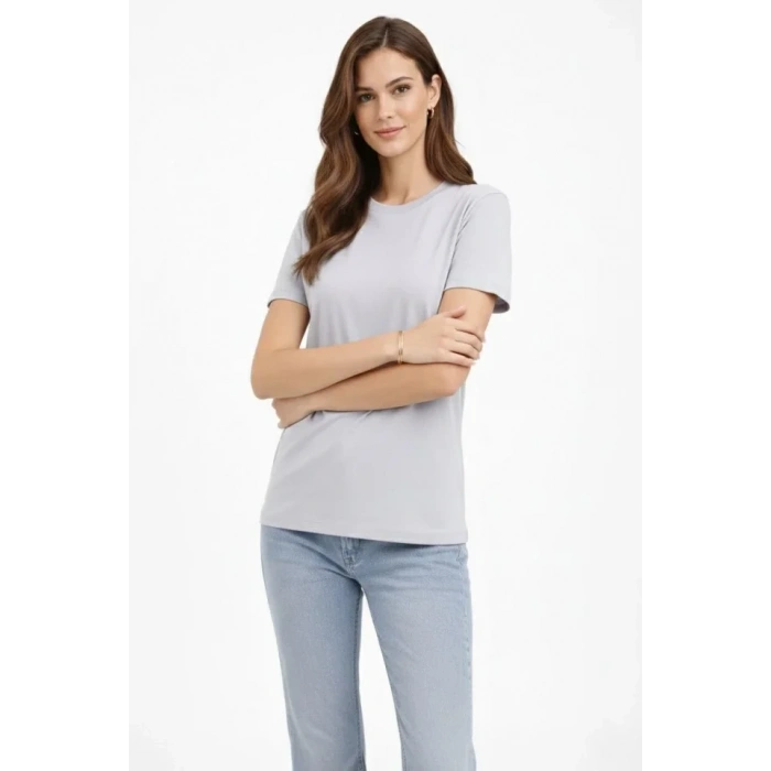 Bisiklet Yaka Tişört  Regular Kalıp Basic Pamuklu  Günlük Kullanım  Tshirt  Gri