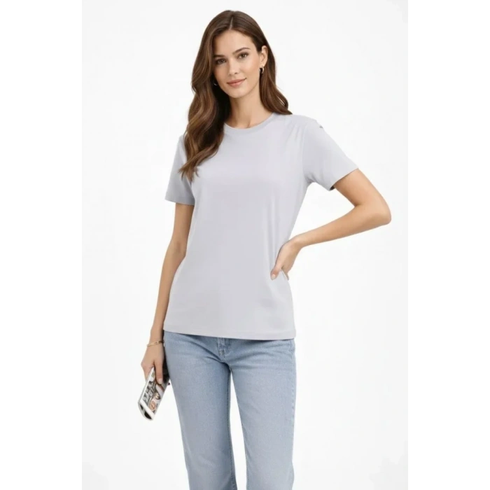 Bisiklet Yaka Tişört  Regular Kalıp Basic Pamuklu  Günlük Kullanım  Tshirt  Gri