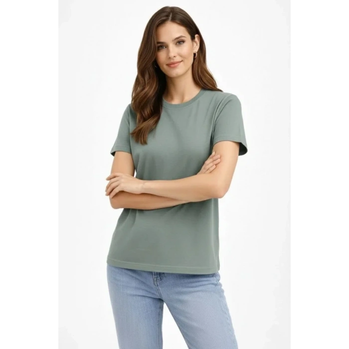 Bisiklet Yaka Tişört Regular Kalıp Basic Pamuklu Günlük Kullanım Tshirt  int Yeşili