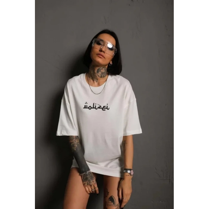 Bisiklet Yakalı ırt Baskılı Oversize Thirt  Beyaz