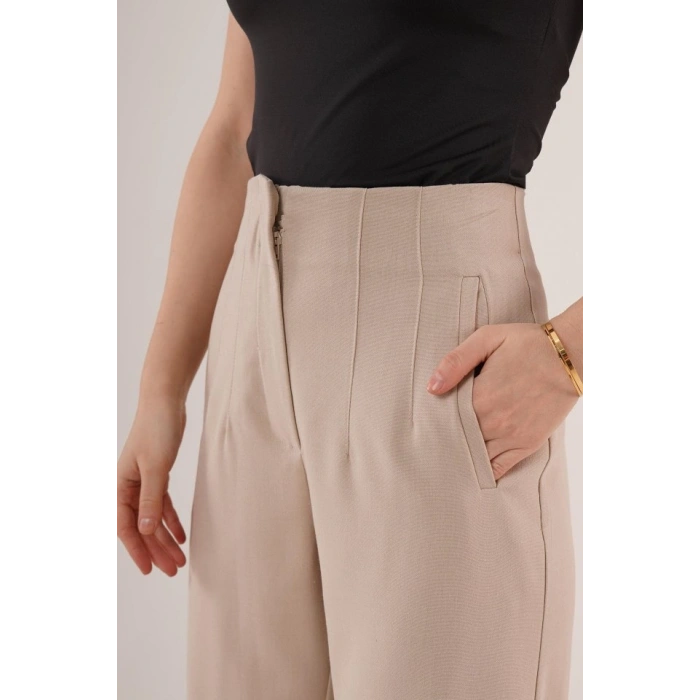 Çift Pens Detaylı Krem Pantolon