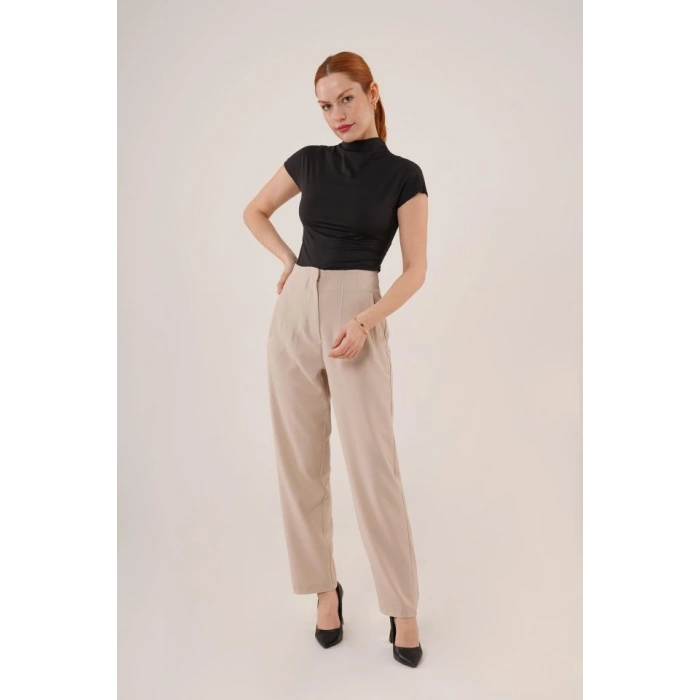 Çift Pens Detaylı Krem Pantolon
