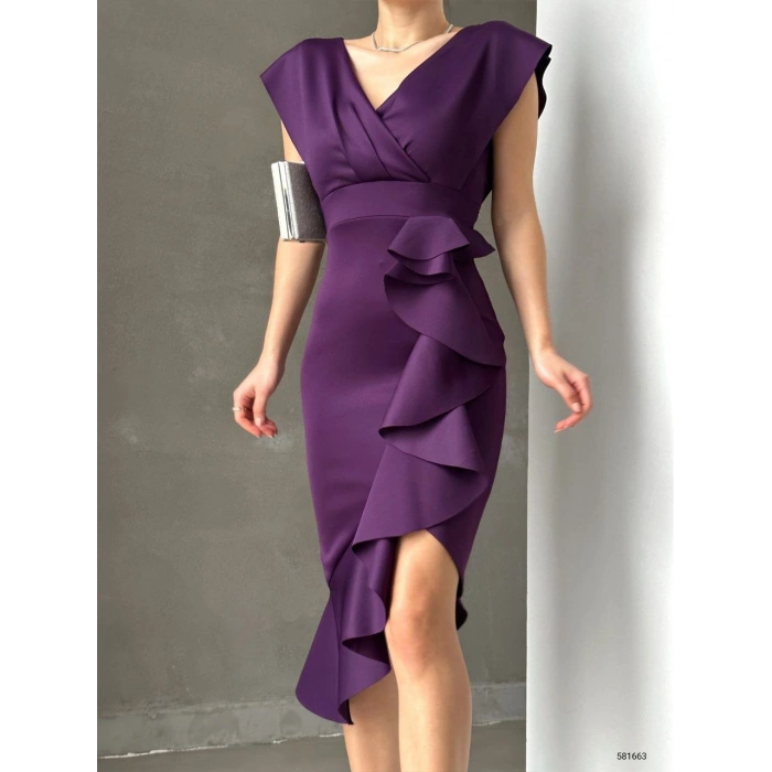 cuba Kumaş Önü Fırfırlı Midi Boy Elbise